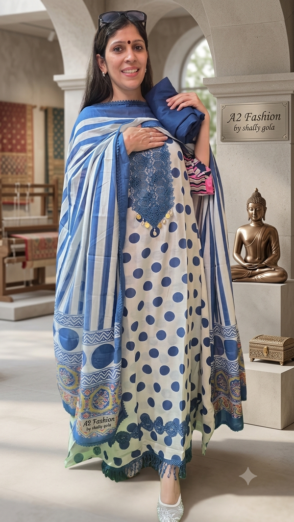 Evergreen Polka Maheshwari Silk (Blue)