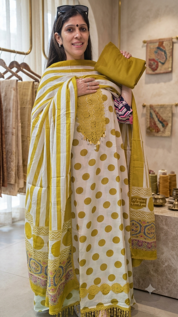 Evergreen Polka Maheshwari Silk (Yellow)
