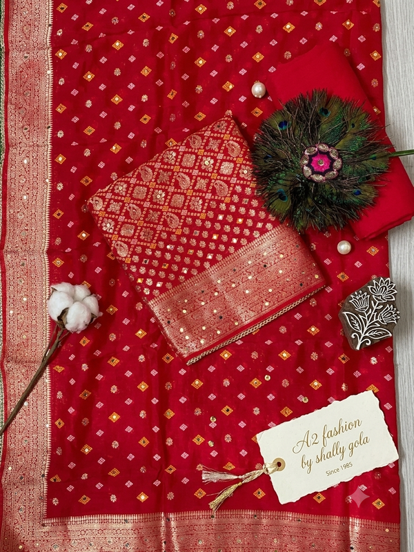 Exclusive Khadi Georgette with Mirror work ( Red )