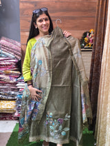 Designer Tussar Maheshwari Silk ( Olive Green ) image 2