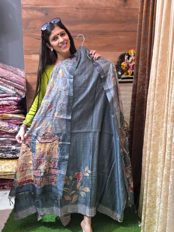 Designer Tussar Maheshwari Silk (English  Grey )