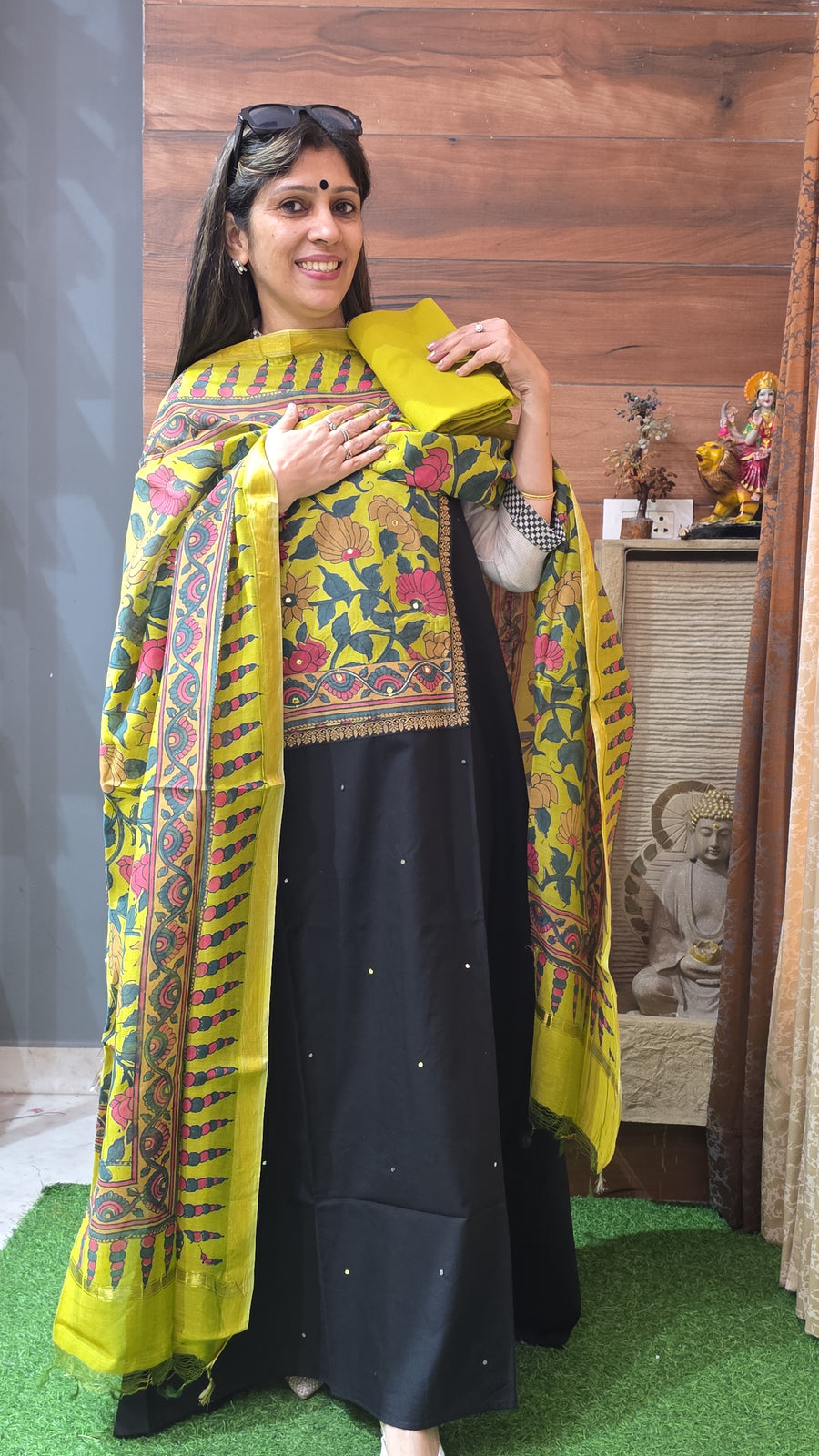 Beautiful black handloom with kalamkari Maheshwari dupatta, 2390