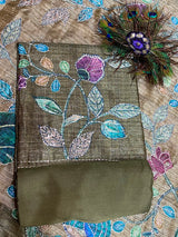 Designer Tussar Maheshwari Silk ( Olive Green ) image 1