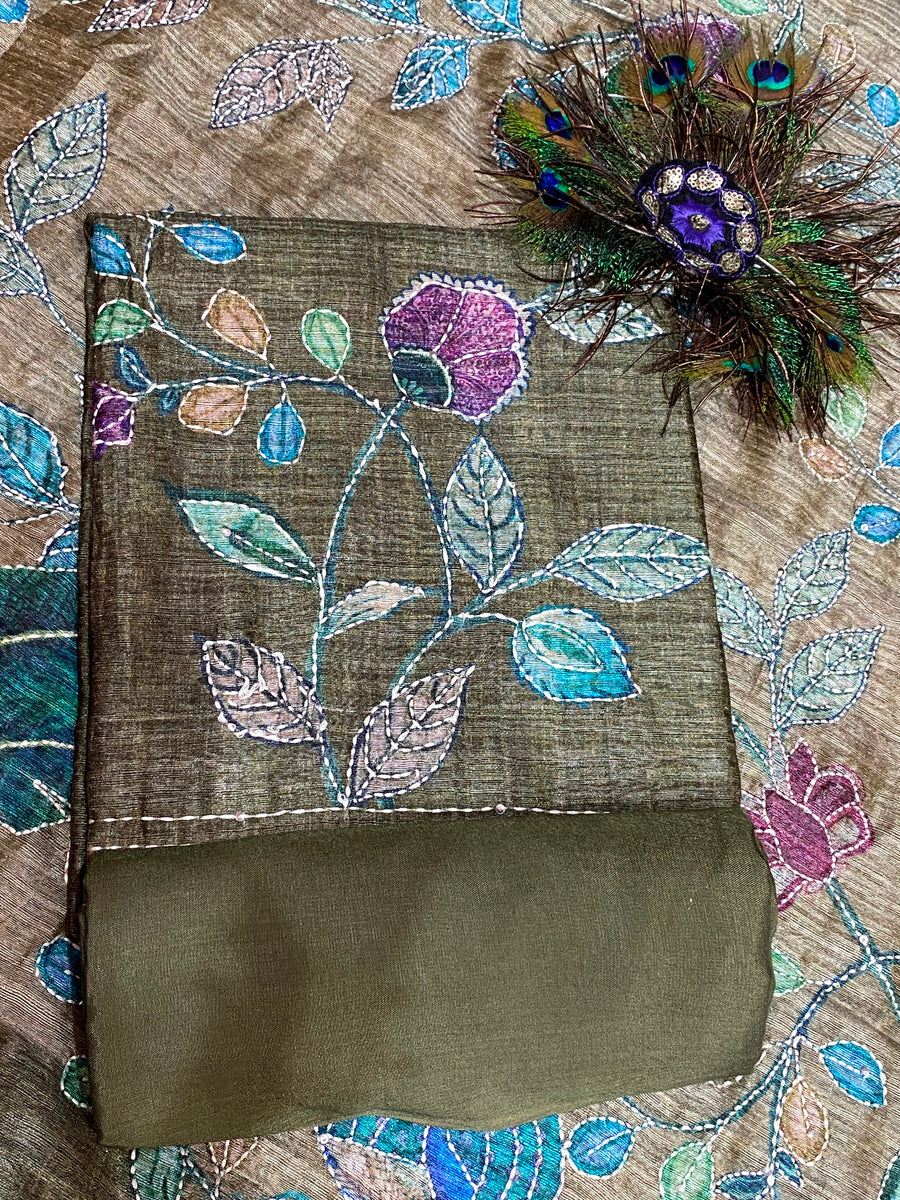 Designer Tussar Maheshwari Silk ( Olive Green )