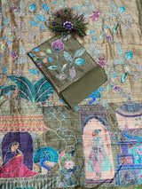 Designer Tussar Maheshwari Silk ( Olive Green ) image 3