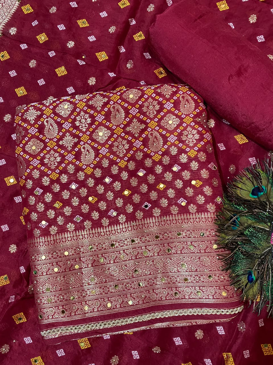 Exclusive Khadi Georgette with Mirror work ( Cherry Maroon )