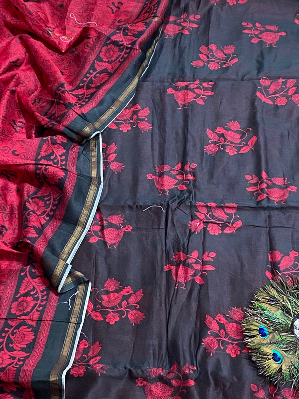 Pure Maheshwari Silk Suit - Black & Red Floral Bird Print