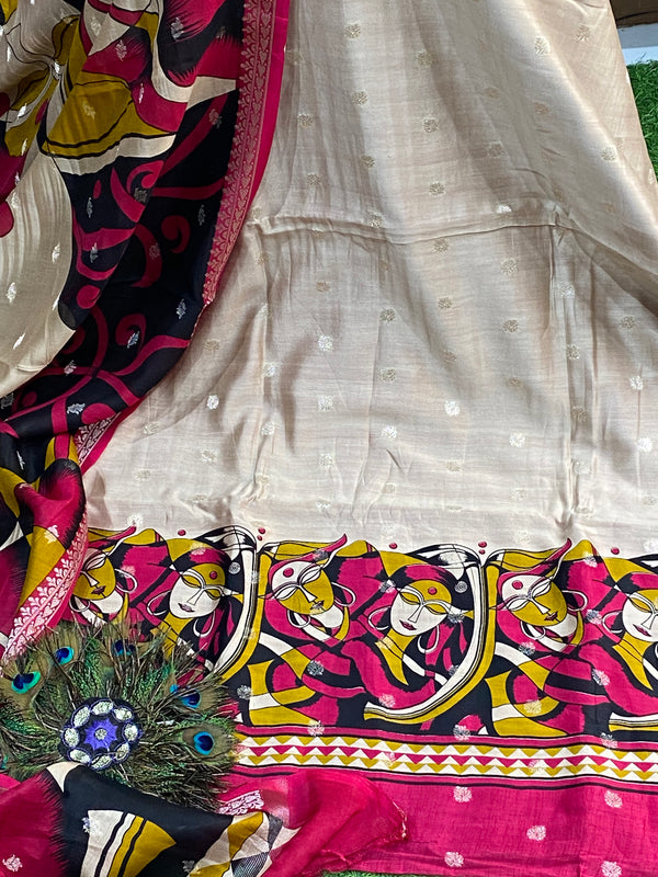 Pure Maheshwari Silk Suit - Abstract Face Print