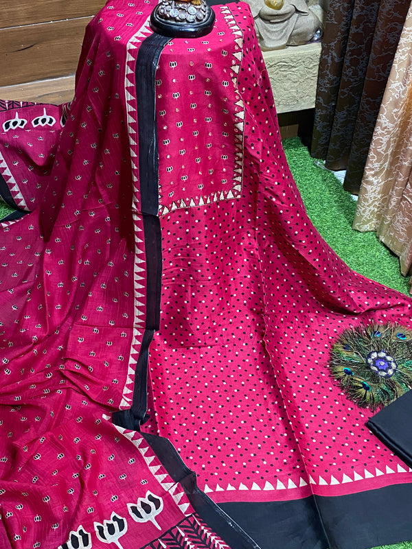 Pure Maheshwari Silk Suit - Pink Polka Dot