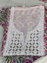 White Pink Flower Thread Work - Pure Mul image 1