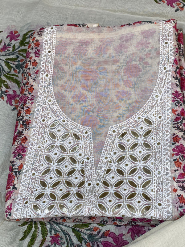 White Pink Flower Thread Work - Pure Mul