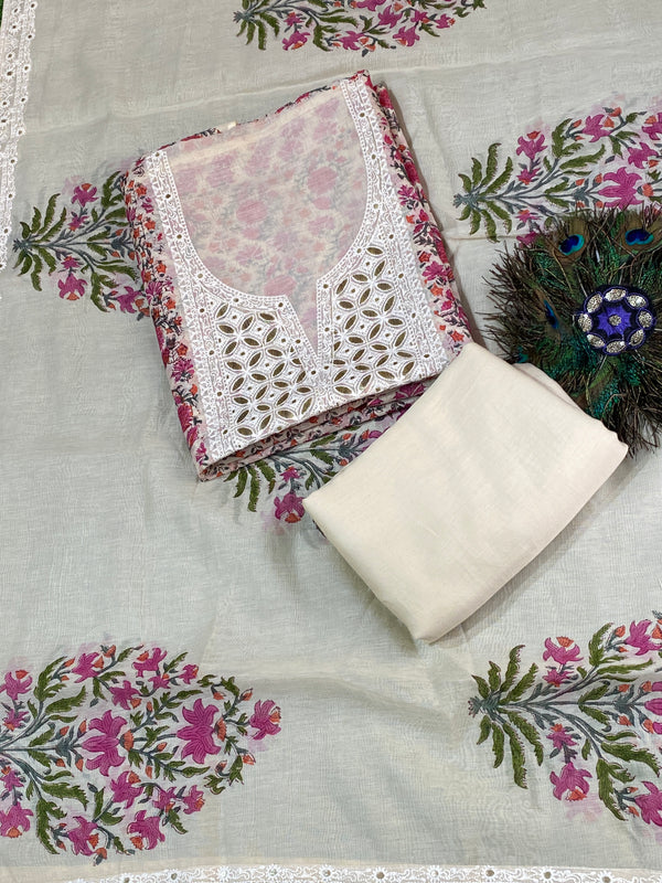 White Pink Flower Thread Work - Pure Mul