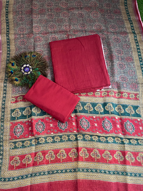 Pure Linen Unstitched Suit - Ajrakh Print Design