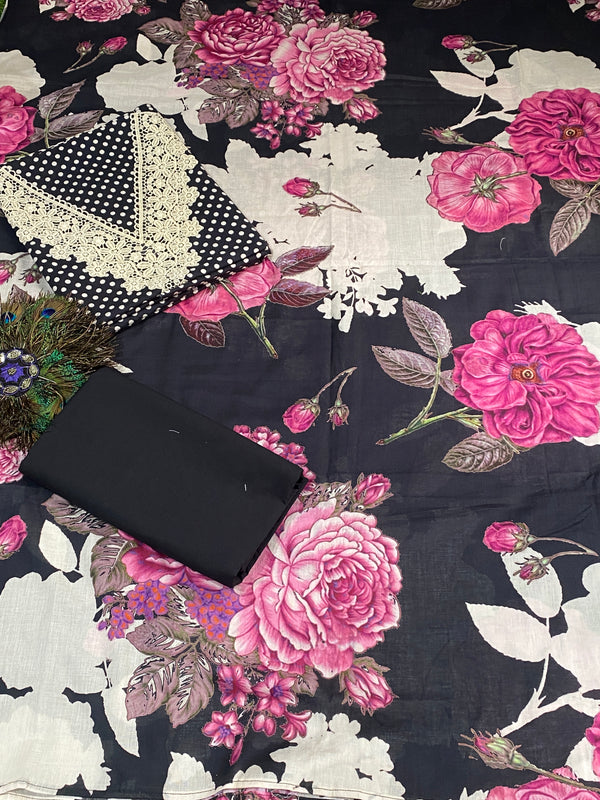 Beautiful Black Pure Cotton Unstitched Suit