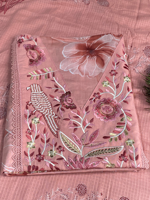 Designer Pink Cotton Unstitched Suit