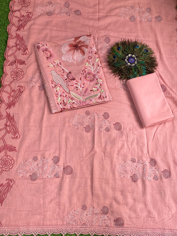 Designer Pink Cotton Unstitched Suit