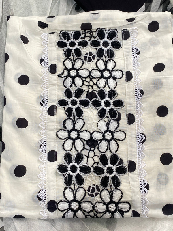 Black Polka Cotton Unstitched Suit