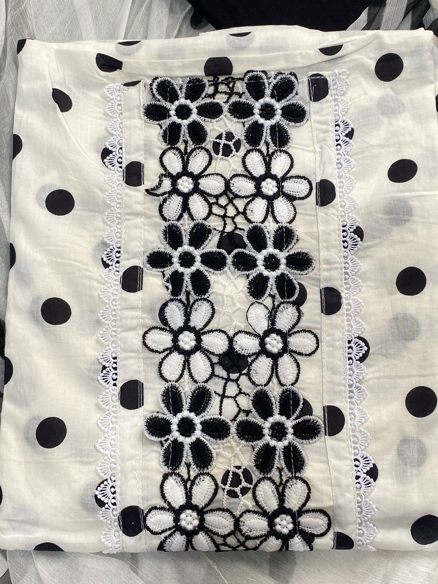 Black Polka Cotton Unstitched Suit