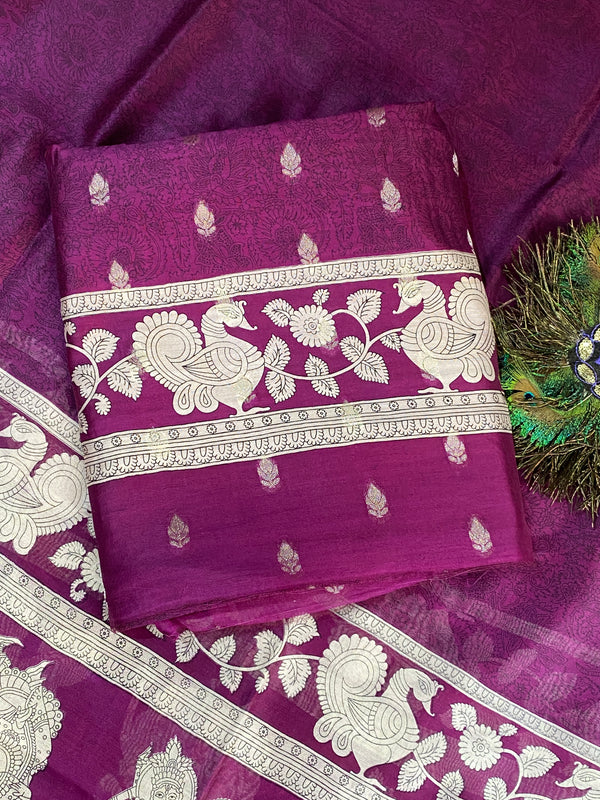 Pure Maheshwari Unstitched Suit - Kalamkari Design
