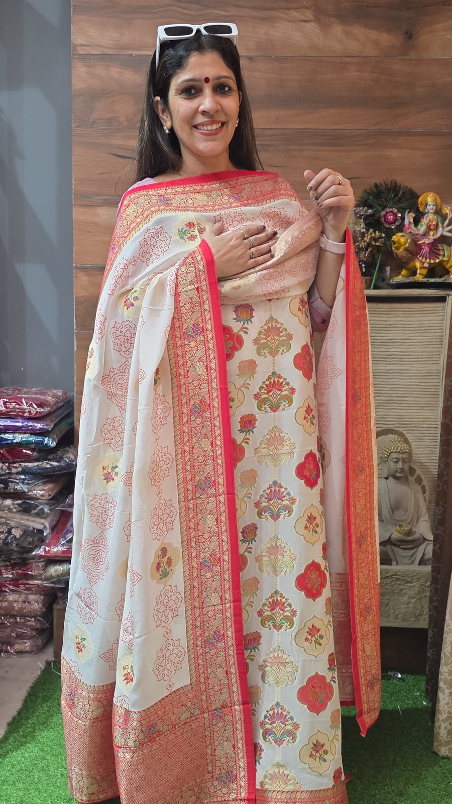 5th Oct Exclusive Khadi Georgette off white and Red ( Suit 1 )