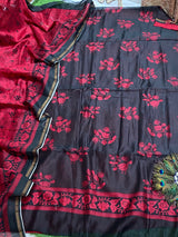 Pure Maheshwari Silk Suit - Black & Red Floral Bird Print image 1