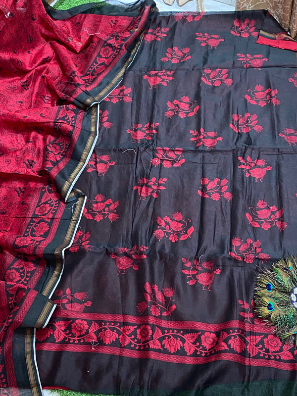 Pure Maheshwari Silk Suit - Black & Red Floral Bird Print
