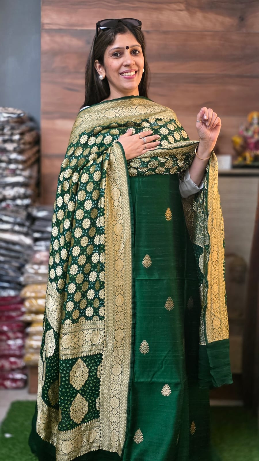 Pure Raw Silk Bandhej Oye Hoye Dupatta - Green