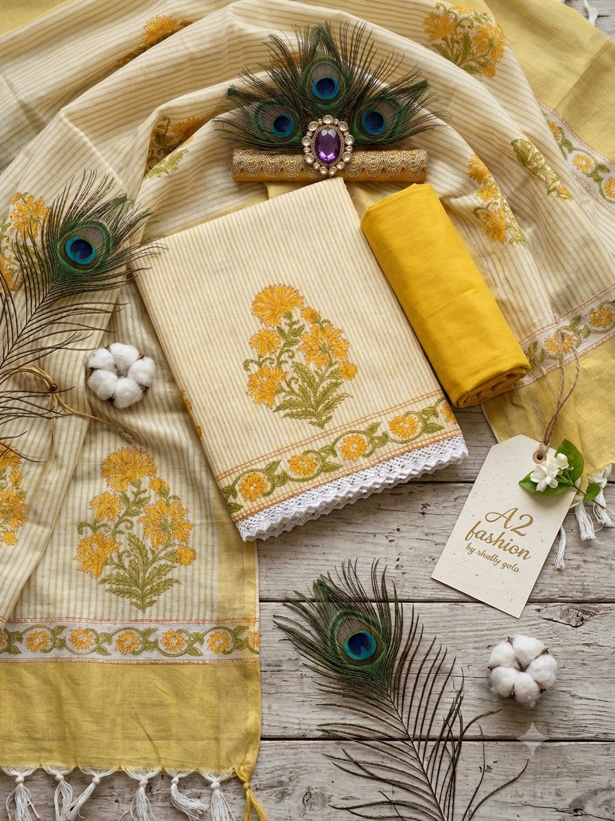 Pure Cotton with Block Print ( Sunshine yellow ) Suit no 7
