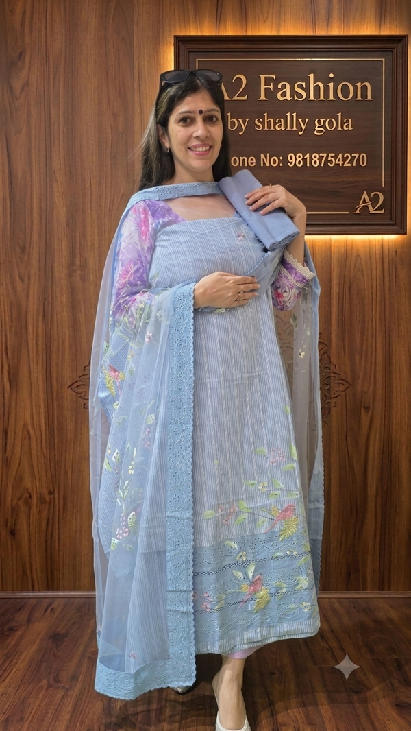 Designer Pure Cotton Brush paint dupatta blue colour (Suit no 14)