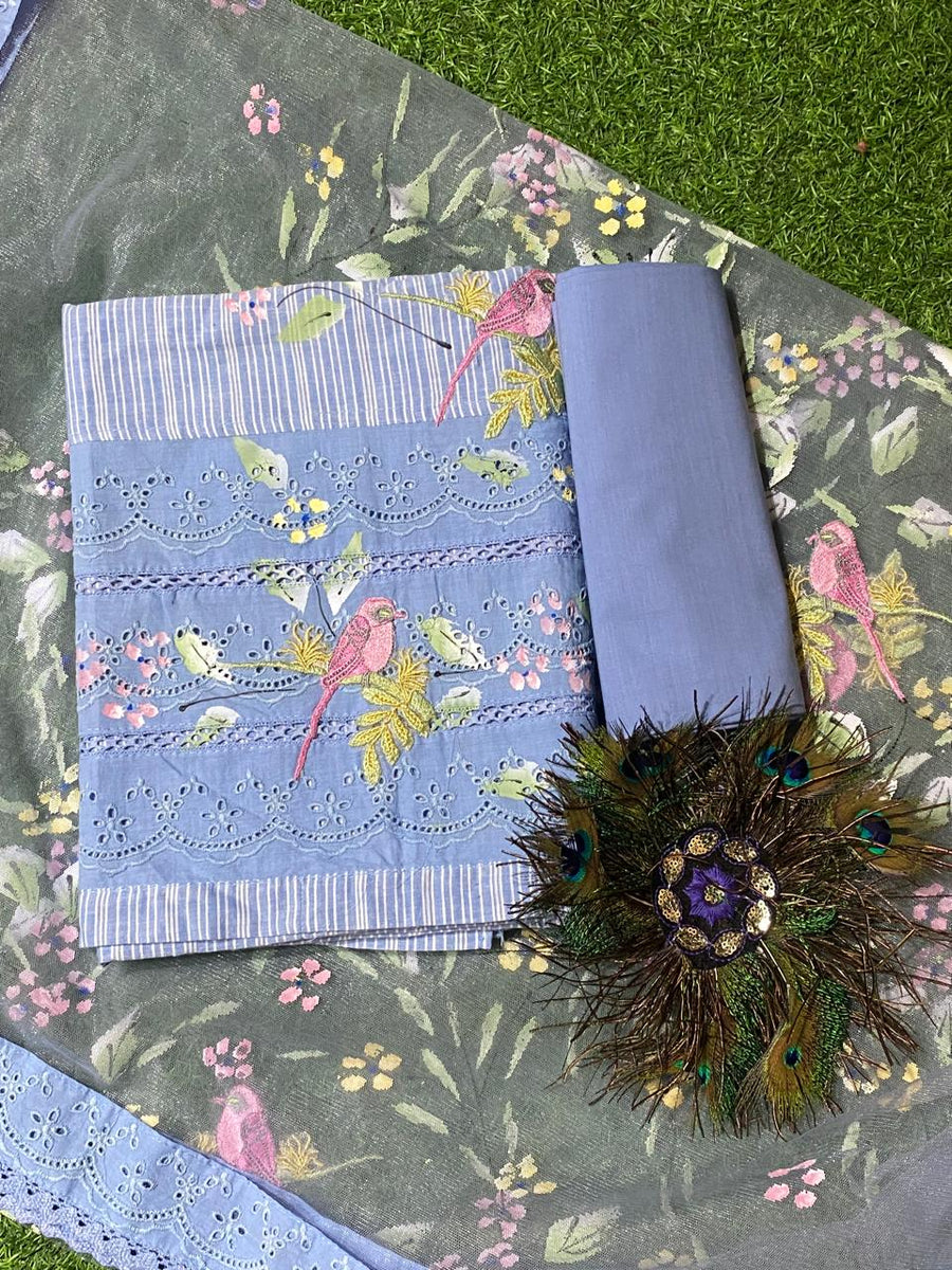 Beautiful Ice Blue Cotton suit with Brush Paint Dupatta