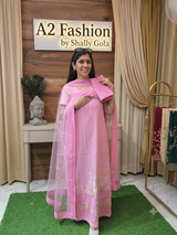 Powder Pink Cotton suit with brush paint Dupatta image 2