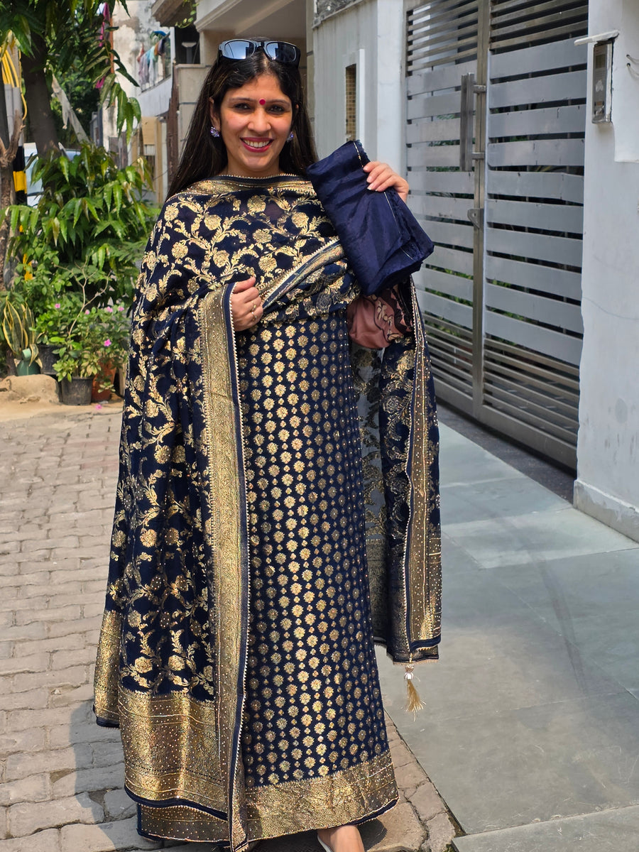 Exclusive and Beautiful Khadi Georgette ( Deep Royal Navy Blue )